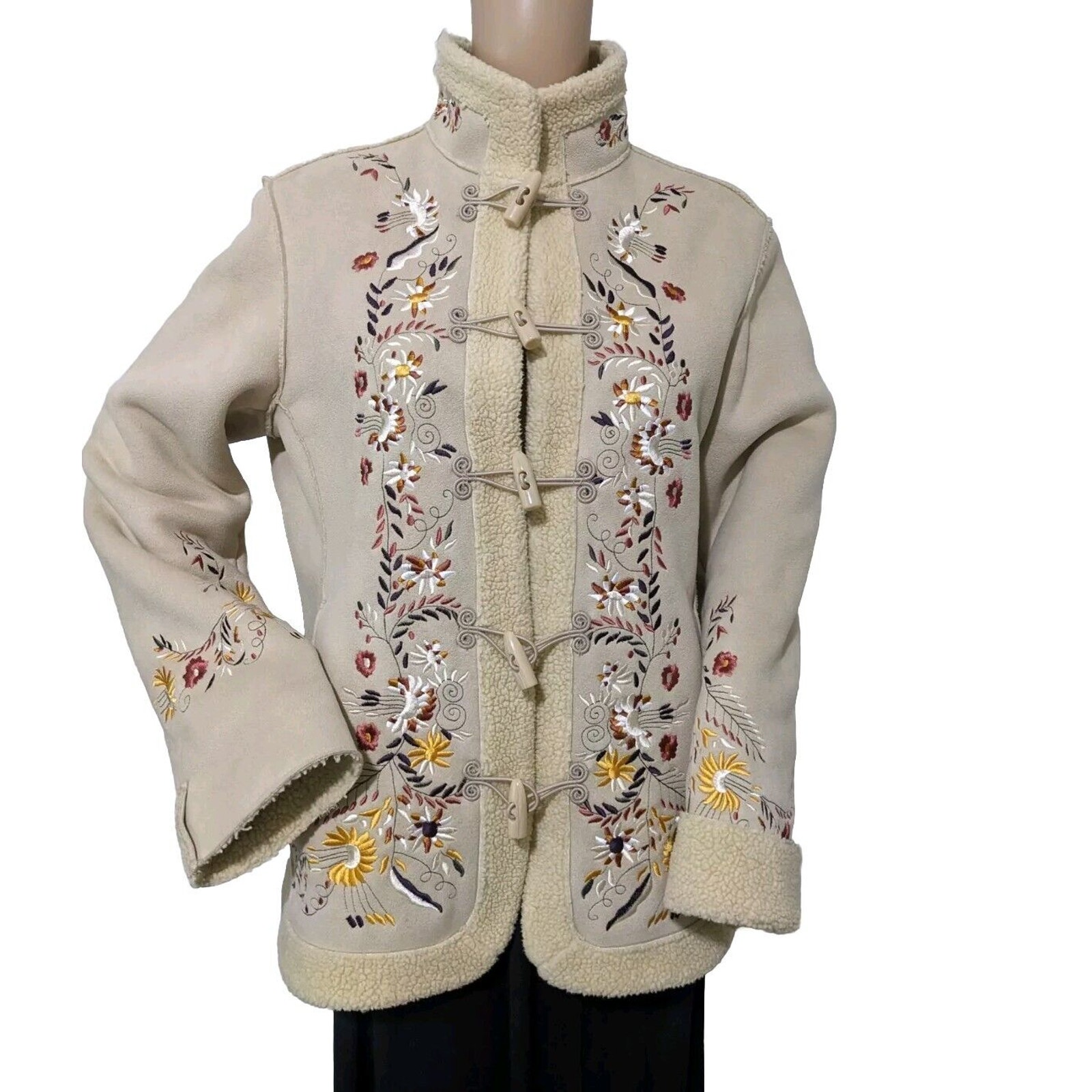 M Panache Beige Faux Suede Floral Embroidered Jacket With Toggle Buttons Medium